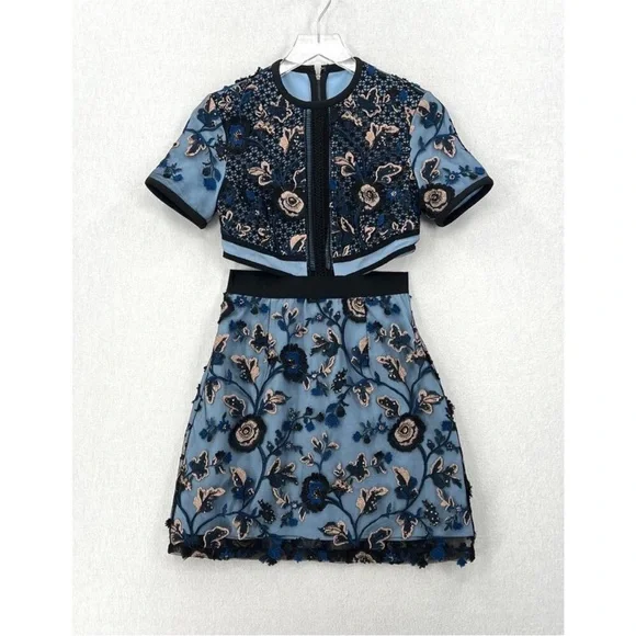 SELF PORTRAIT Florence Dress Womens 4 Blue Floral Embroider Mini Cut Out Party